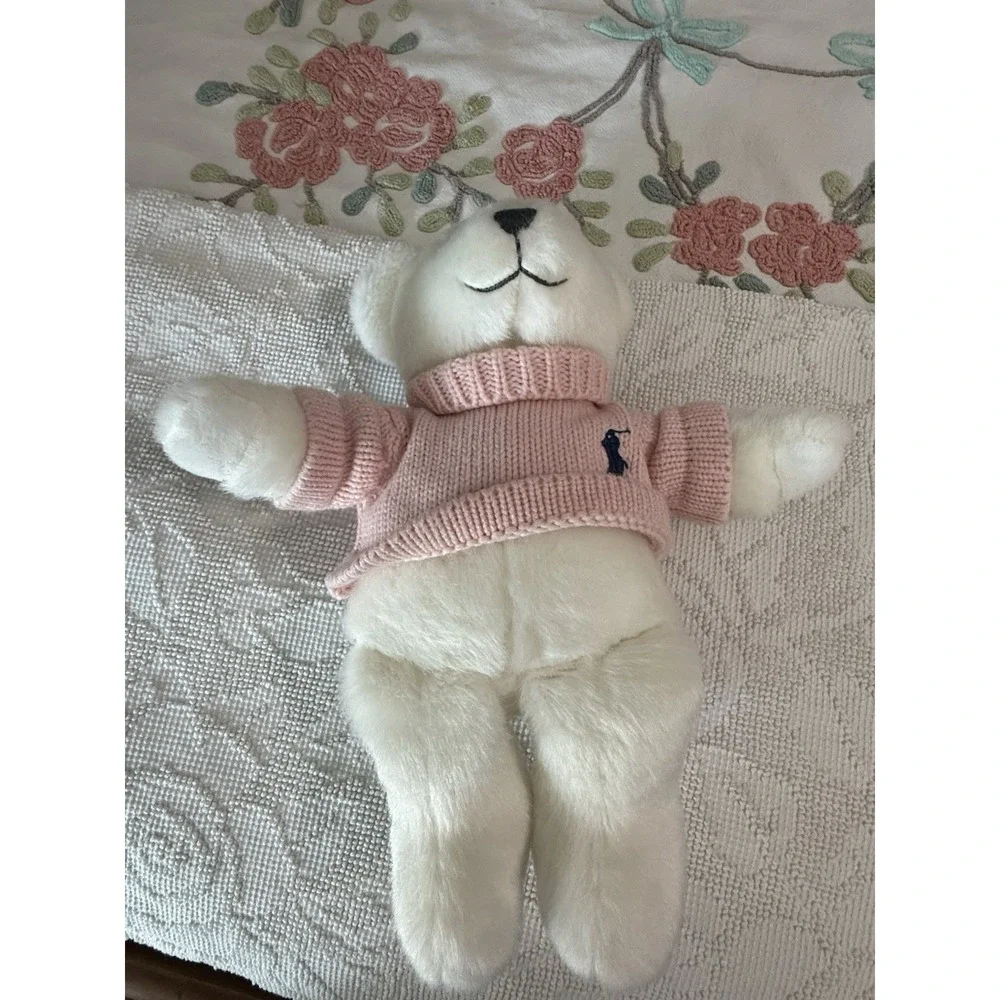 Ralph Lauren Romance Teddy Bear White Plush Pink Knit Pony Logo Sweater